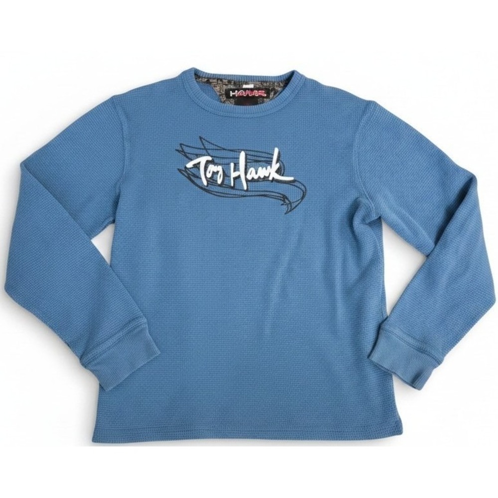 Tony Hawk Boys 14/16 Blue Thermal Long‎ Sleeve Shirt Skate Graphic Waffle Knit